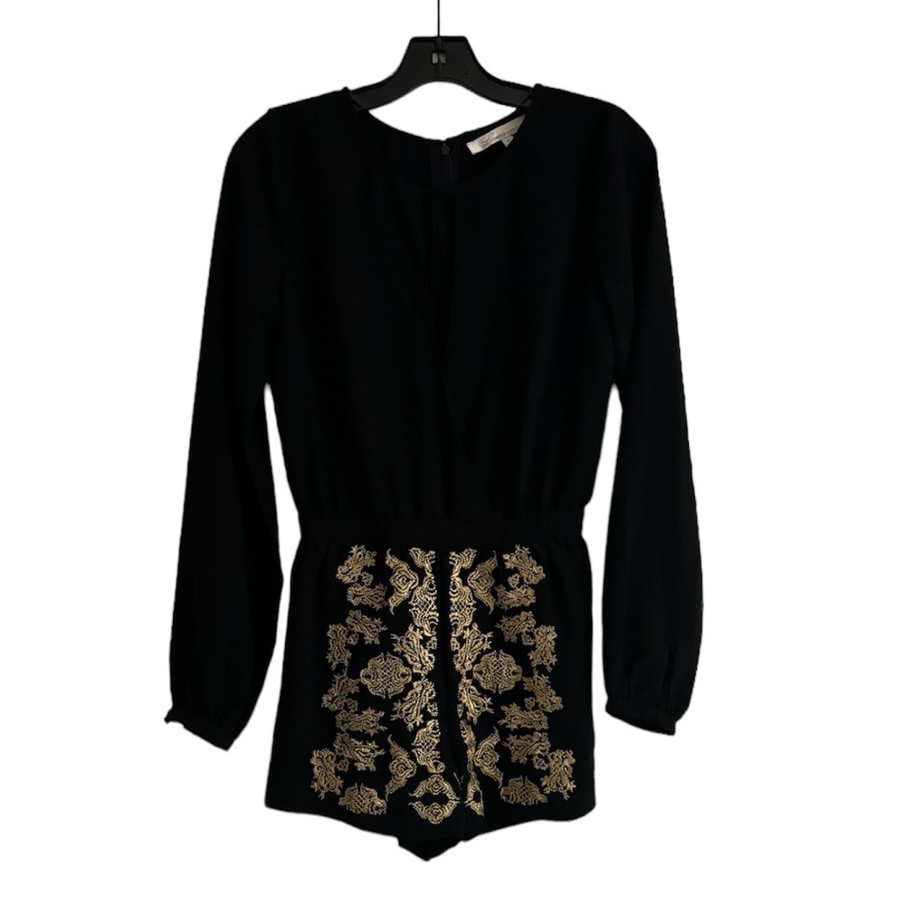 LOVERS + FRIENDS Long Sleeve Black Romper with Gold Brocade Details